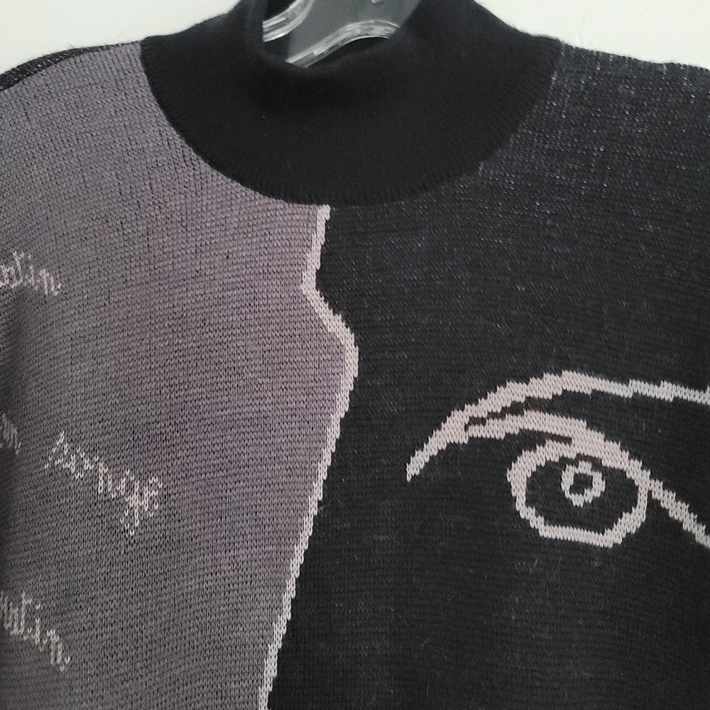 Vtg Rodier Black Gray Mock Neck Graphic Wool Blend Tunic Sweater Size Large - Picture 3 of 13
